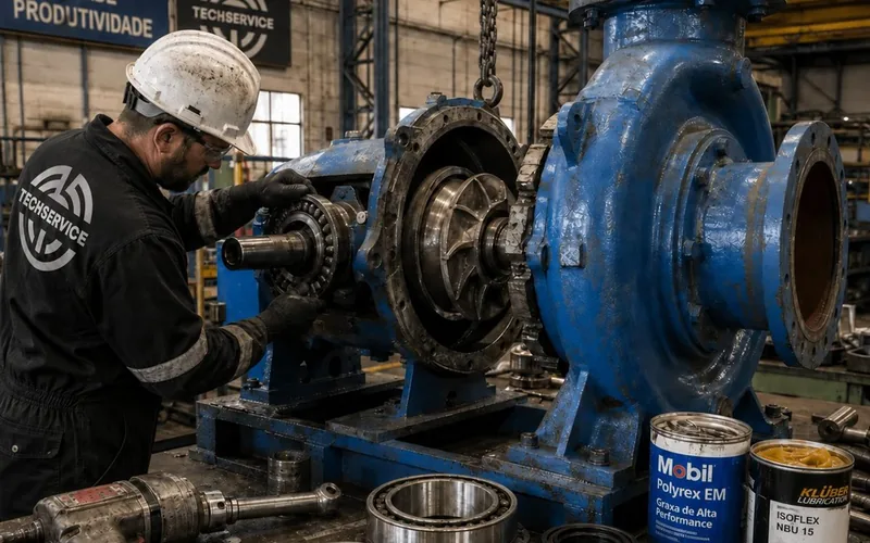 Técnico da Techservice montando o rolamento do eixo de uma bomba centrífuga de grande porte na oficina